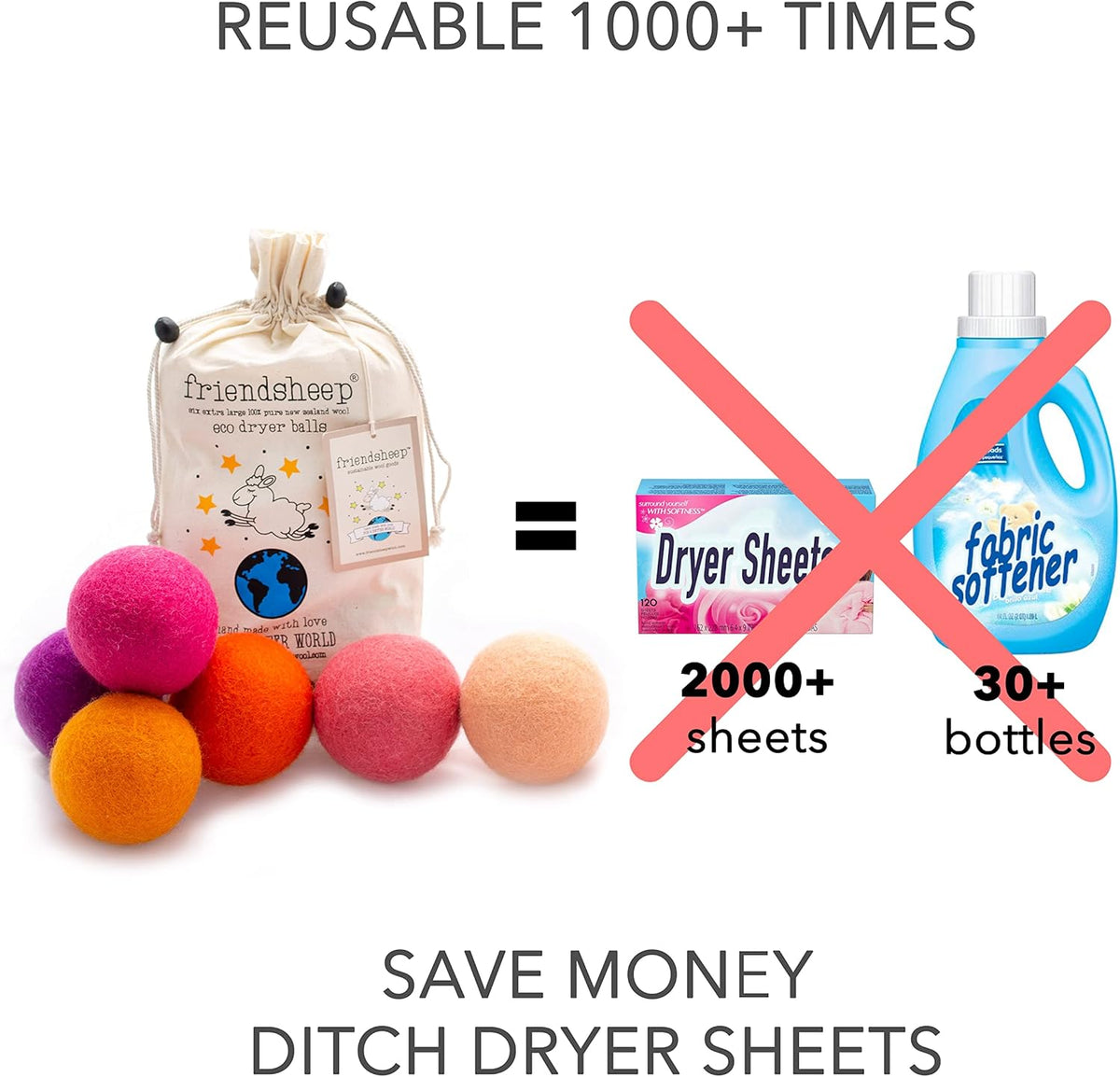Friendsheep Wool Dryer Balls 6 Pack XL Organic Premium Reusable Cruelty Free Handmade Fair Trade No