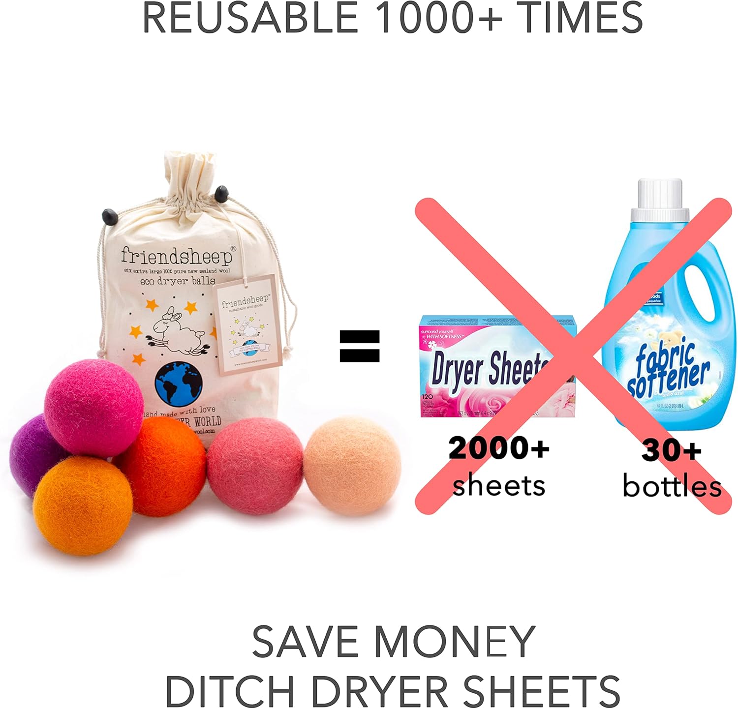 Friendsheep Wool Dryer Balls 6 Pack XL Organic Premium Reusable Cruelty Free Handmade Fair Trade No