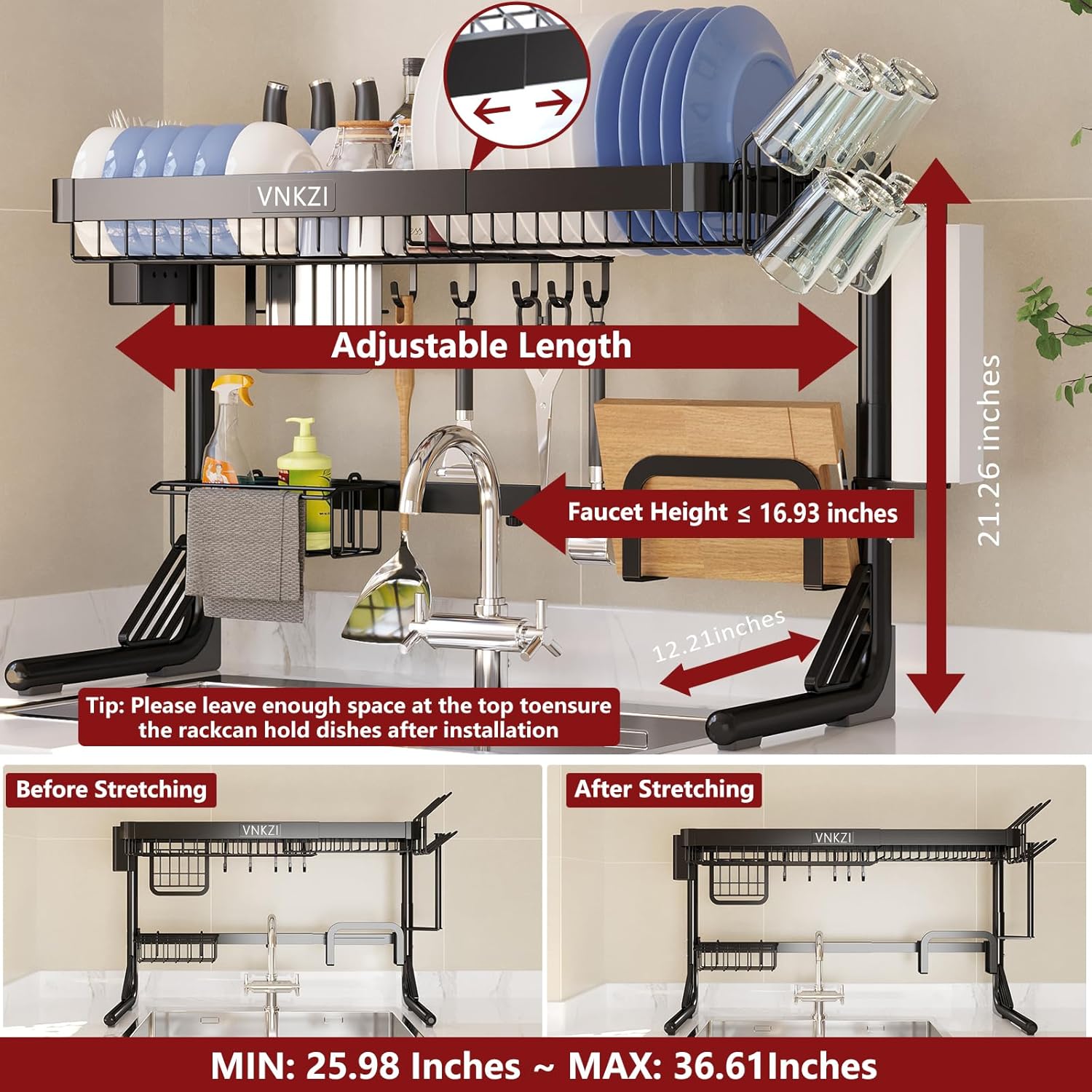 VNKZI Over Sink Dish Drying Rack, 2 Tier Full Stainless Steel Storage Adjustable Length (25.98'' to