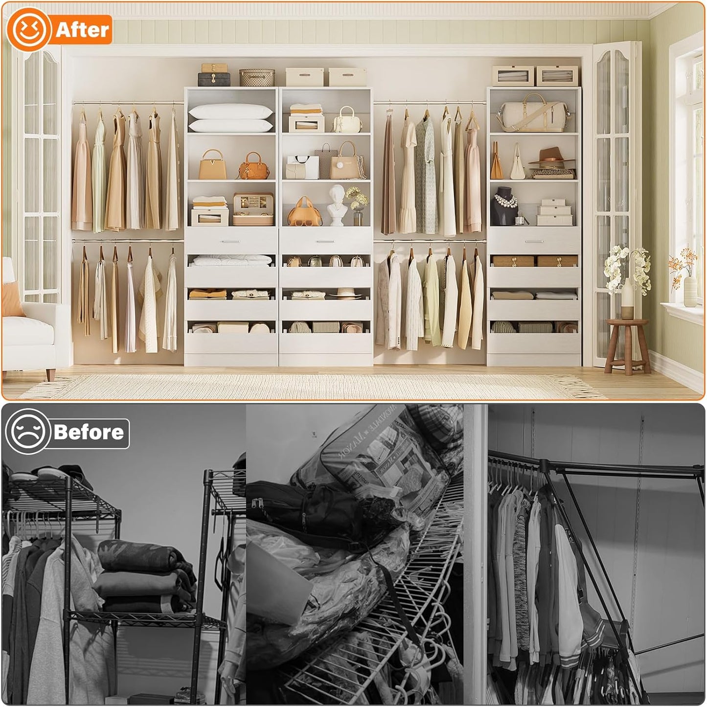 Aheaplus Closet System with 12 Drawers, 8.5-11.5Ft Wood Closet Organizer System with 4 Hanging Rods