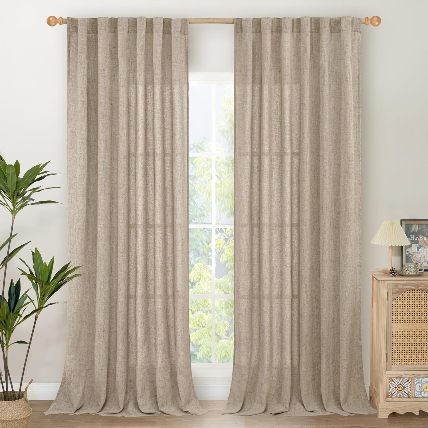 YoungsTex 90 Inch Length Linen Semi Sheer Curtains for Living Room, Dark Oatmeal Light Filtering