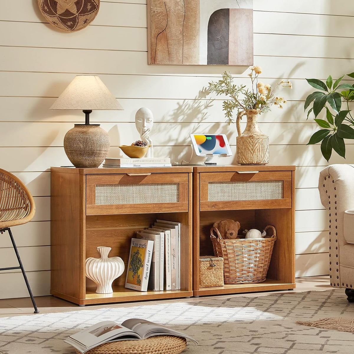 LEYAOYAO Rattan Nightstands Set of 2 with Charging Station, Natural Wood Night Stand with Drawer