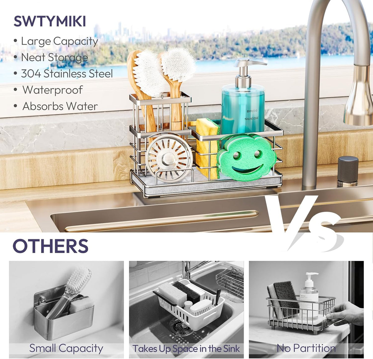 SWTYMIKI Kitchen Sink Caddy Organizer, Smiley Face Sponge Holder for Kitchen Sink, Instant Drying
