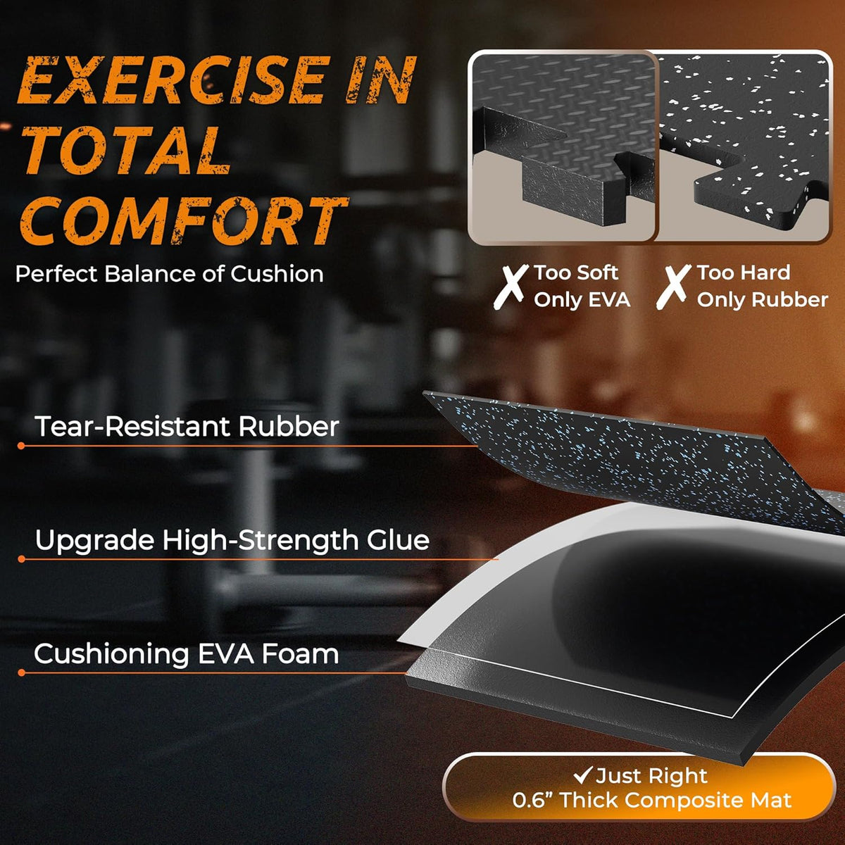 PRAISUN 0.6" Thicker Gym Mat, 12 Tiles 48 Sq Ft Workout Mats, Interlocking Foam Tiles with Rubber