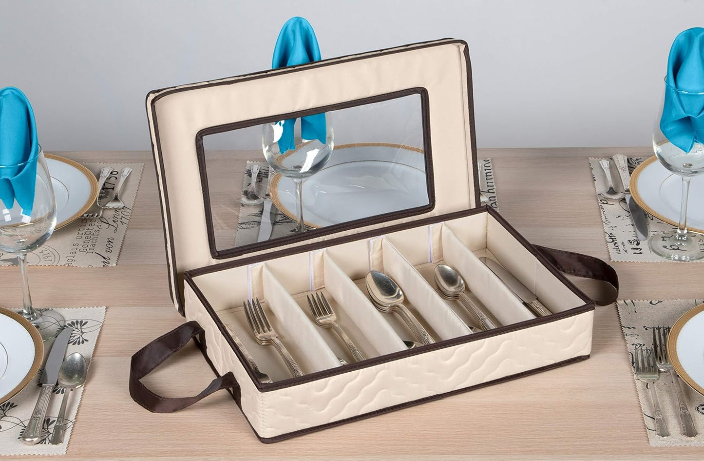 Flatware Storage Case - Durable 5 Compartment Silverware Storage Container Box with Removable Lid