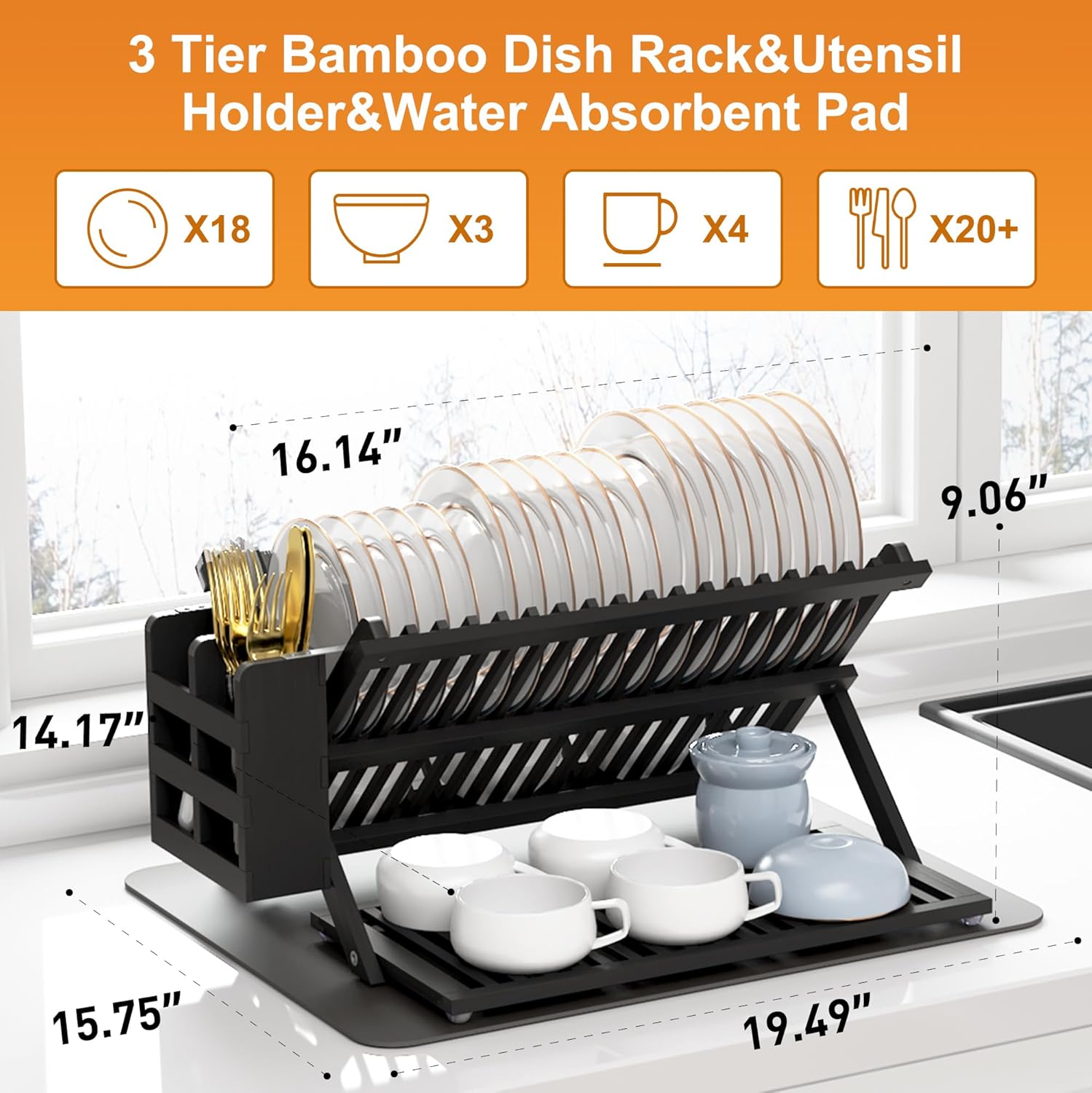 Greenual Black Bamboo Dish Drying Rack with Utensil Holder, 3 Tier Collapsible Dish Rack, Wooden