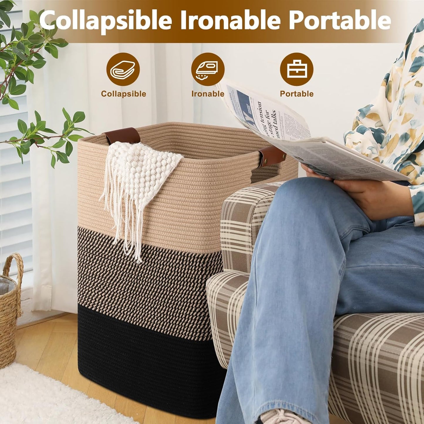 Laundry Hamper 96L Extra Large Laundry Basket, Woven Blanket Basket, Cotton Woven Storage Hamper