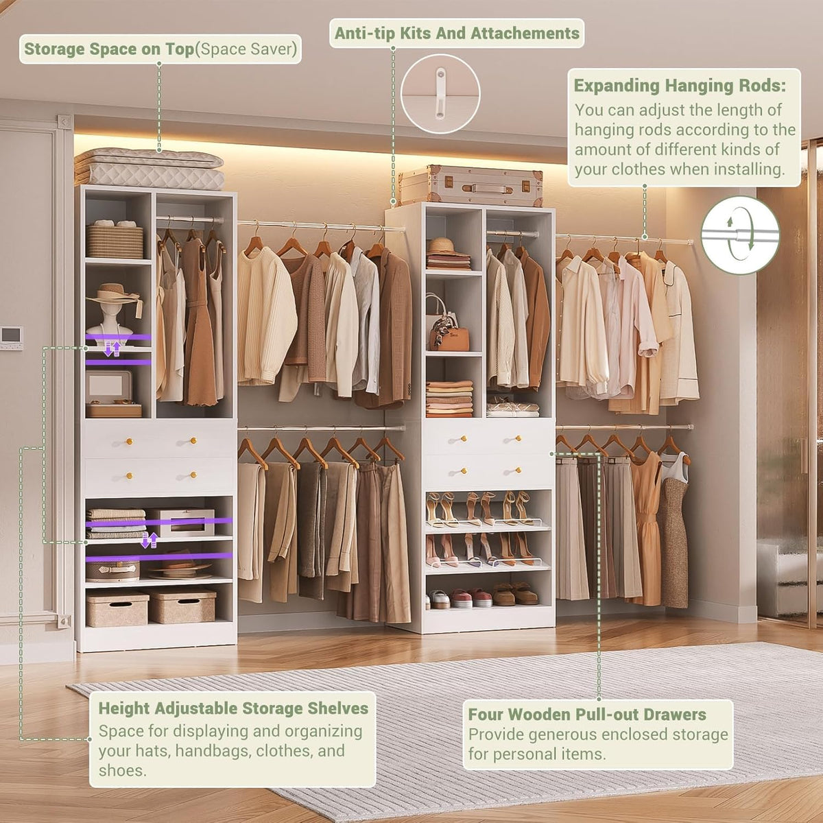 Closet System, Up to 134"/11.2 FT Closet Organizer with 4 Wooden Drawers and Shelves, Walk-in