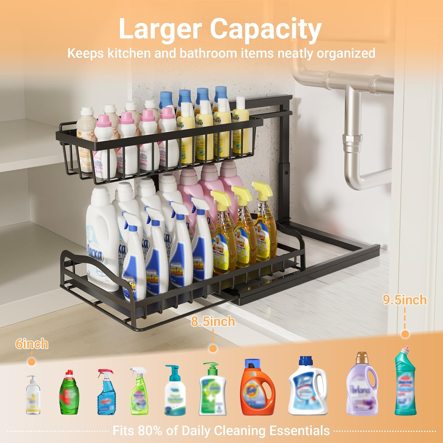 AceMining Under Sink Organizer, 2 Pack Pull-Out Under Cabinet Organizer, 2 Tier Under Sink Storage