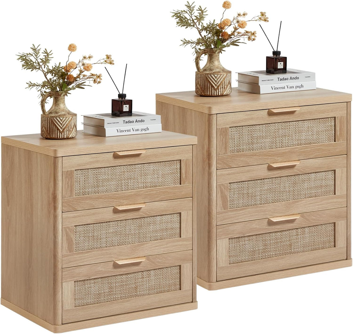 LEYAOYAO Rattan Night Stand Set of 2 with Drawers, 23" Large 3 Drawer Boho Nightstand, Natural Wood