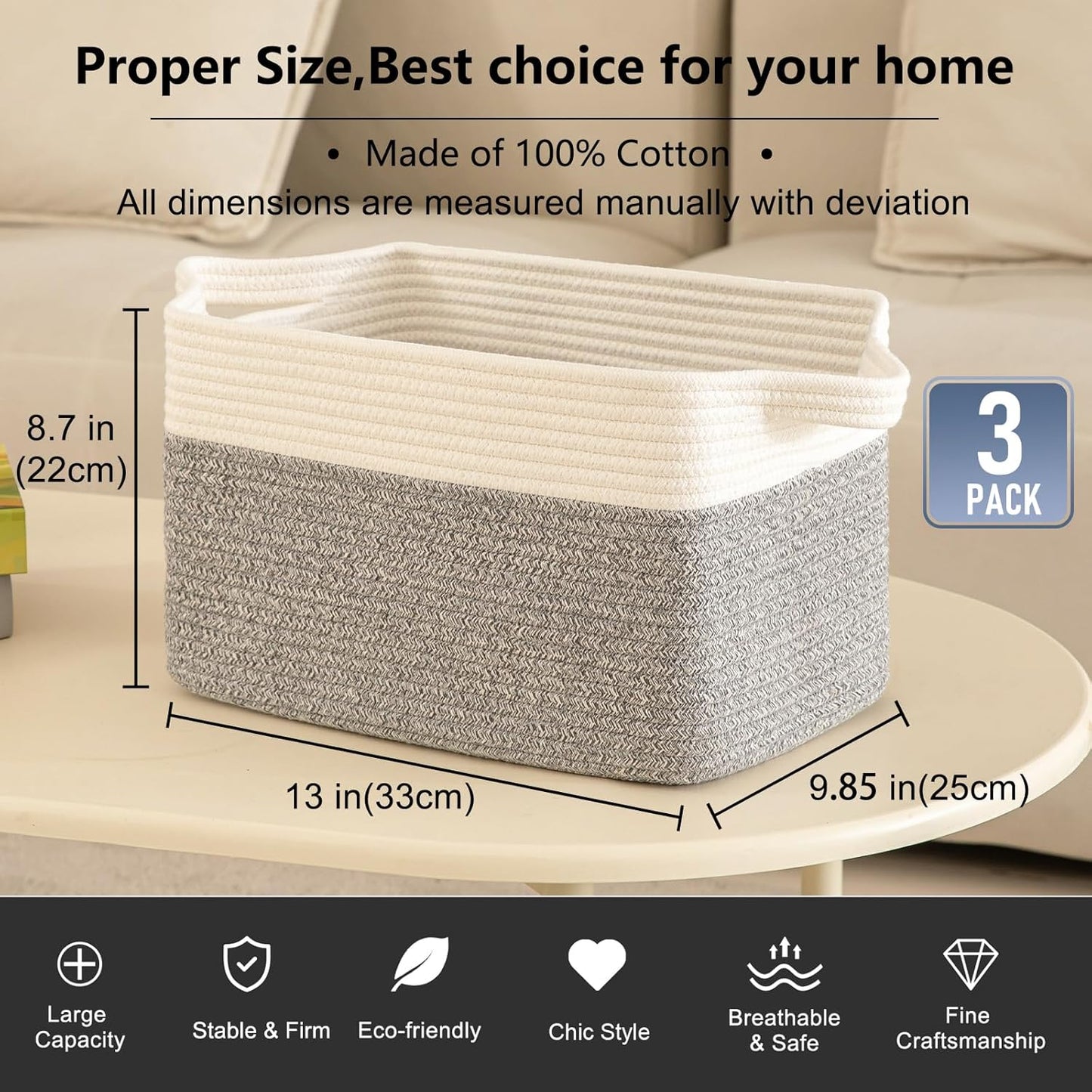 OIAHOMY 3 Pack Storage Basket for Organizing, 13''X9.85''X8.7'' Storage Bins,Woven Basket Basket