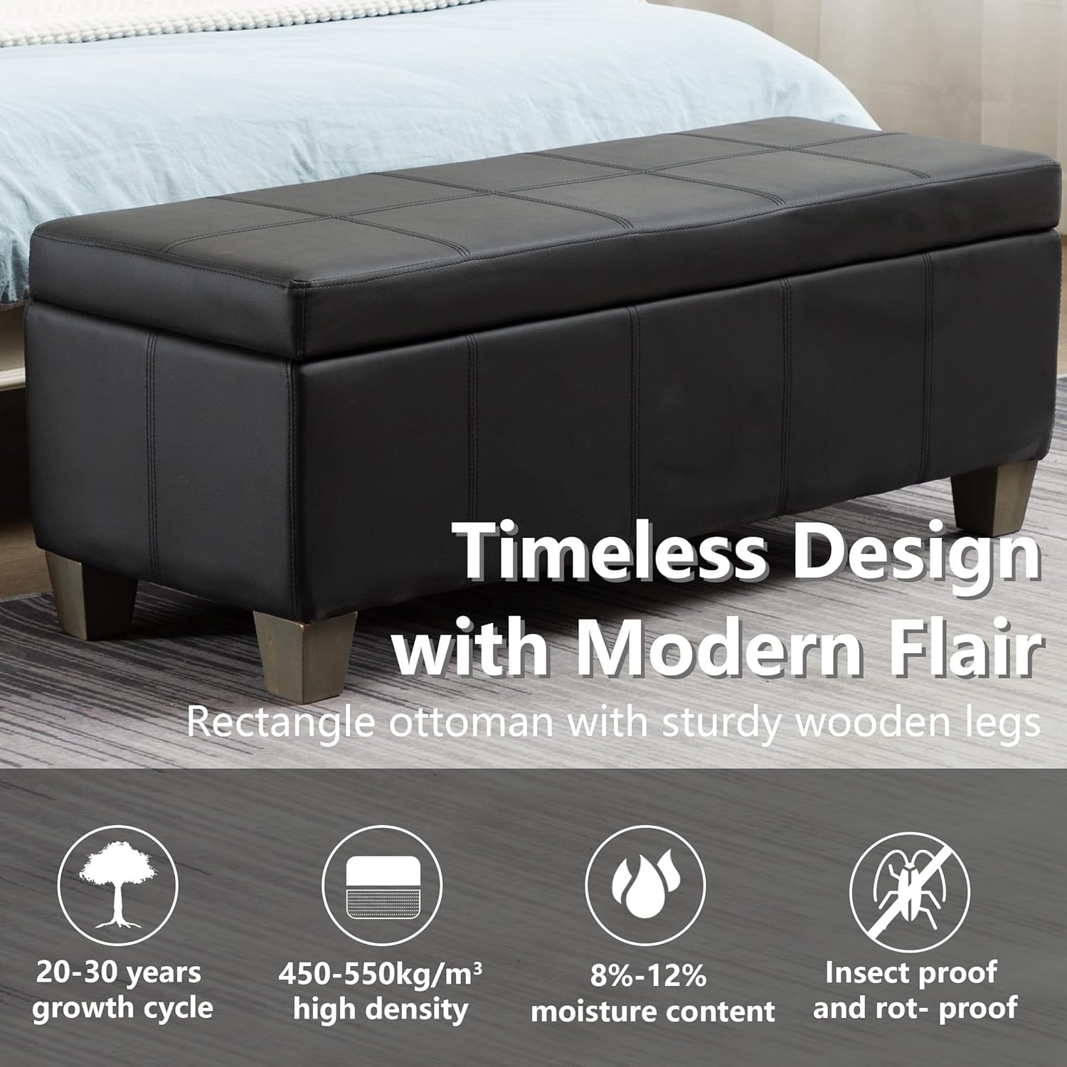 Black Faux Leather Ottoman with Storage, Rectangular Extra Long Storage Bench for Bedroom and