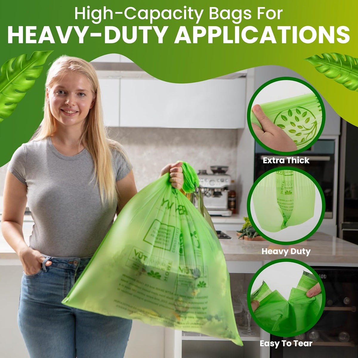 GREENWAY 13 Gallon Compostable Trash Bags Drawstring, 50 Bags, Heavy Duty Extra Thick 0.90 Mil