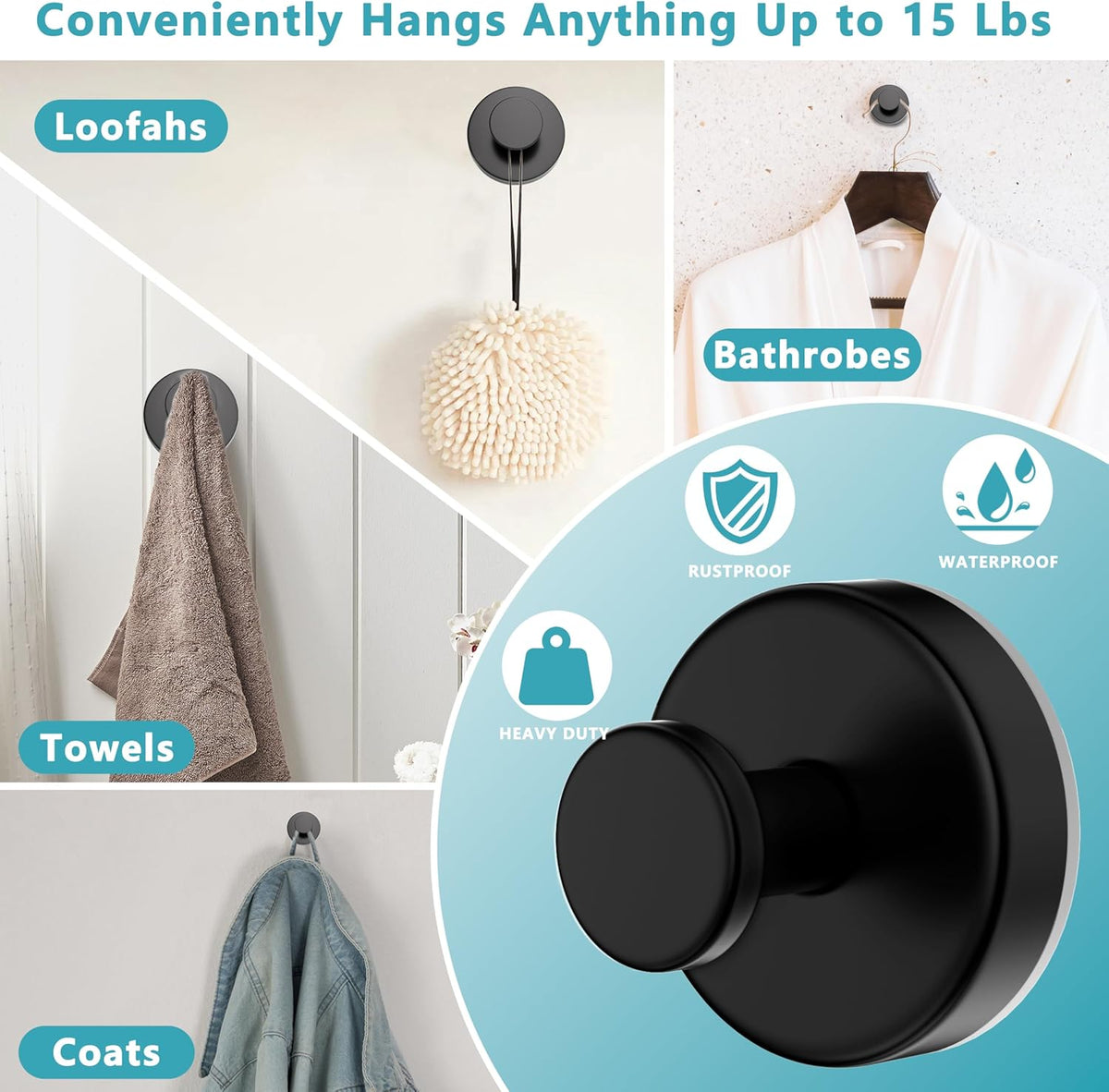 Suction Cup Hooks for Shower,Removable No Drill Towel Hooks,Upgraded 15 lbs Strong Suction hooks