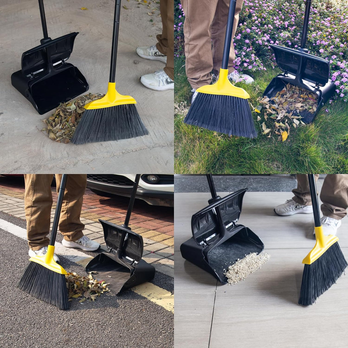 Indoor/Outdoor Heavy Duty Broom and Dustpan Set,Upright Plastic Commercial Dust Pan with 2 Brooms