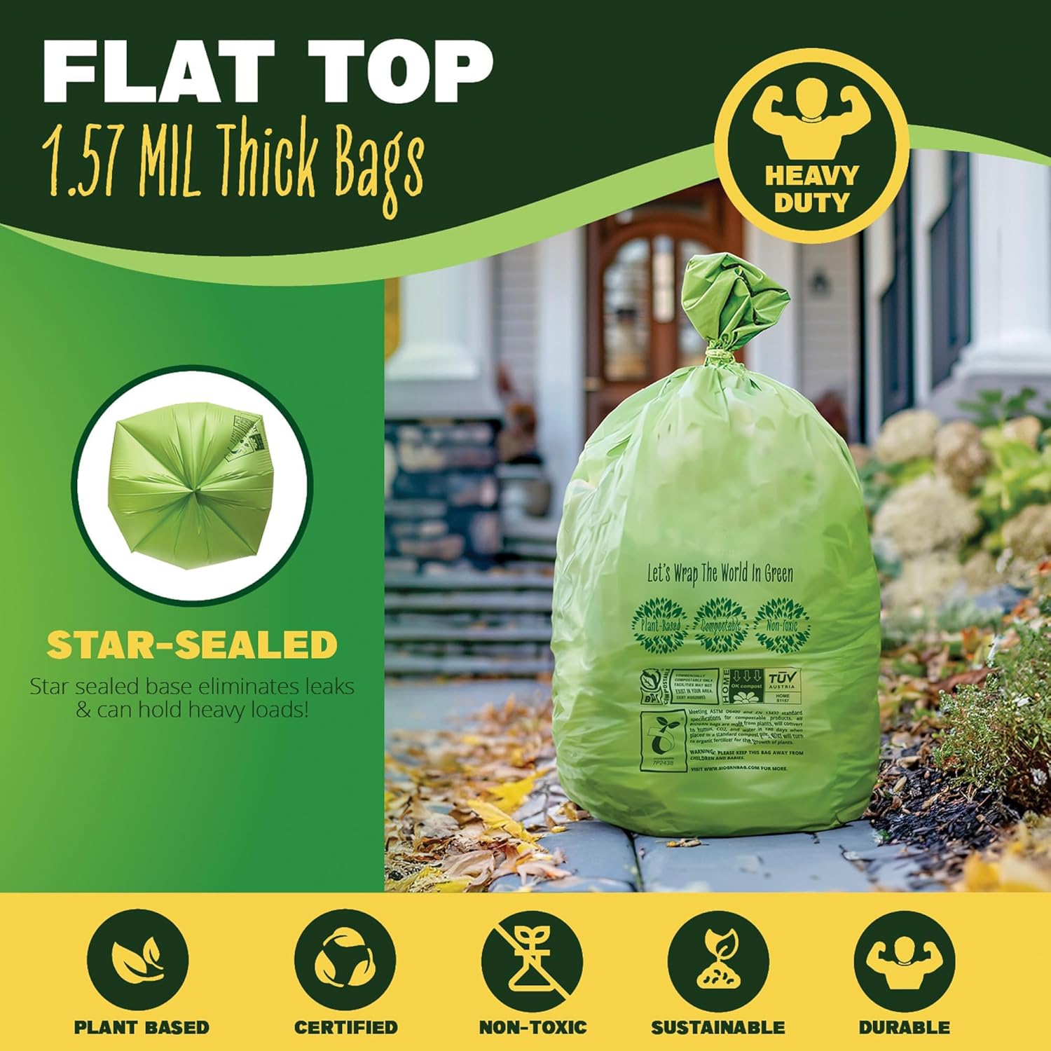 50-55 Gallon Compost Bags, Heavy Duty Compostable Trash Bags, 1.57 Mil Extra Thick Biodegradable