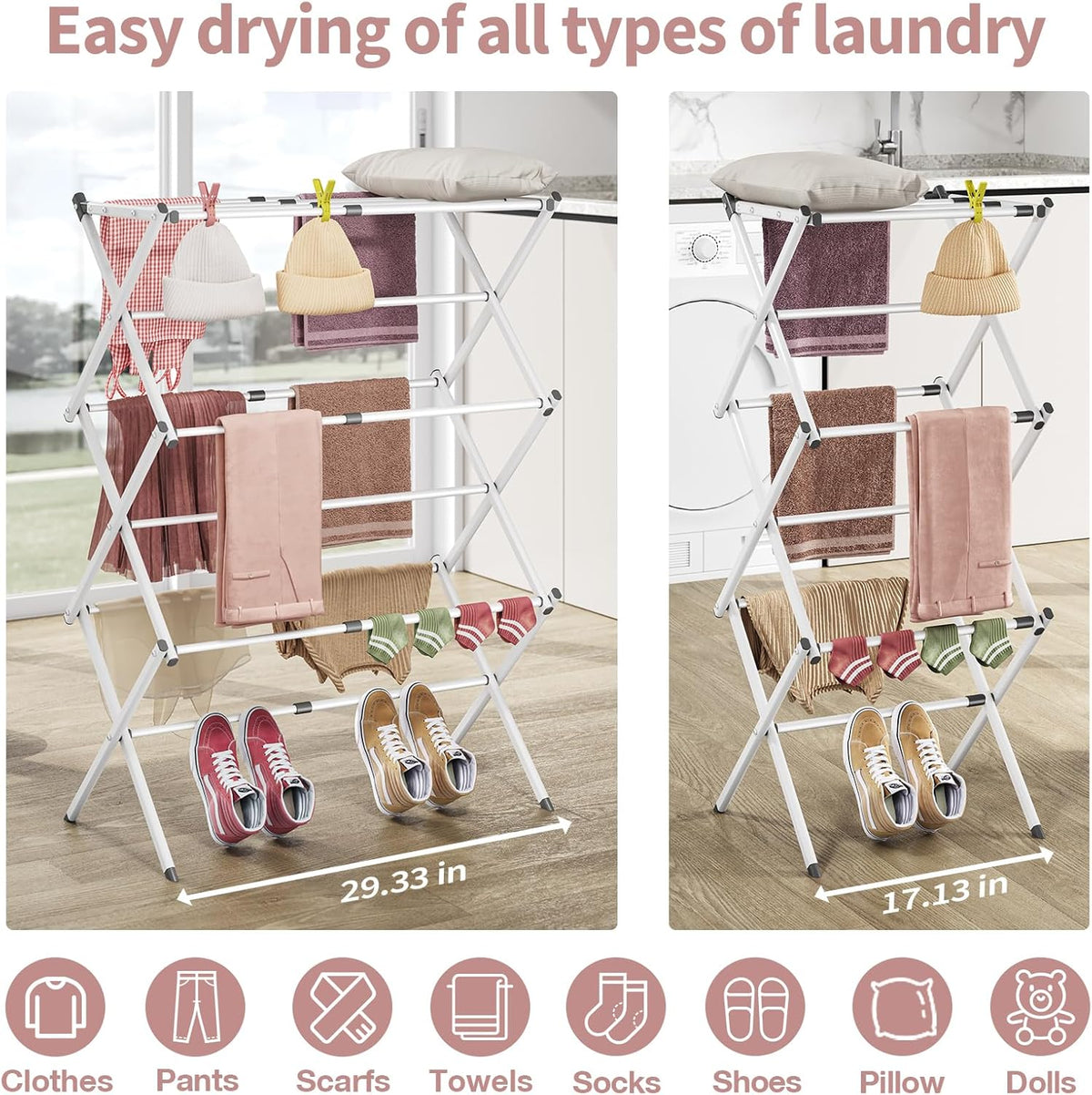 APEXCHASER Clothes Drying Rack, 3-Tier Laundry Drying Rack for Clothes, Expandable Metal Clothing