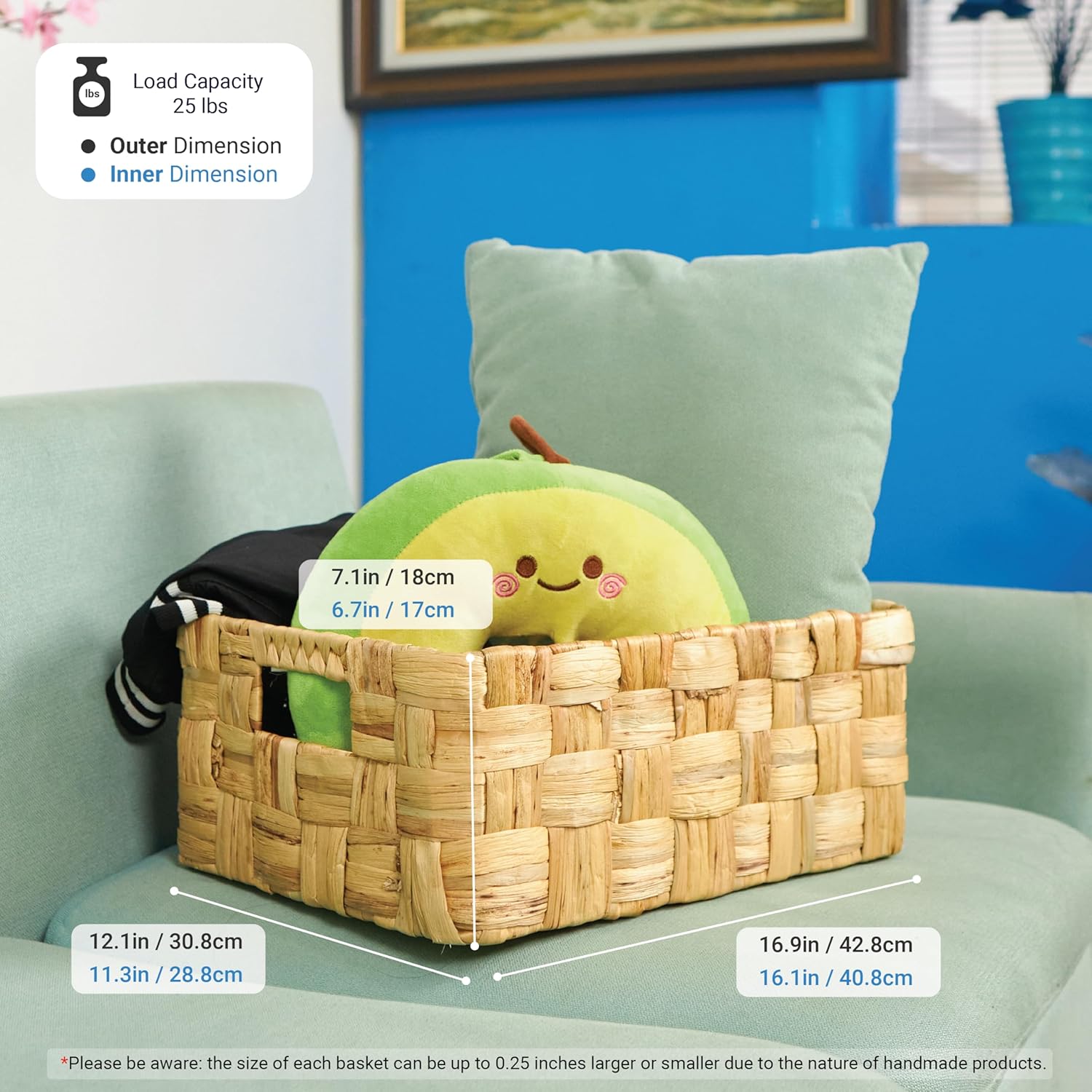 Vatima Jumbo Wicker Storage Basket, Large Hyacinth Organizer, 16.9x12.1x7.1H Inches - Ideal for