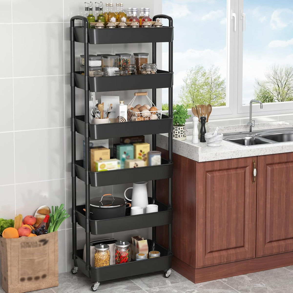 Sywhitta 6-Tier Plastic Rolling Utility Cart with Handle, Multi-Functional Storage Trolley for