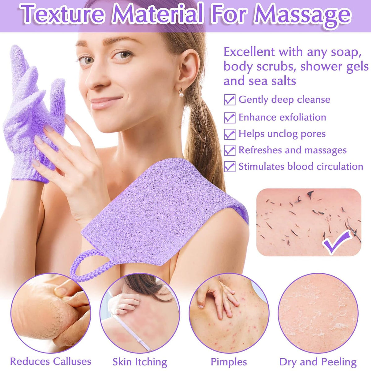 Anezus Exfoliating Back Scrubber Bath Gloves Set, Exfoliating Shower Towel with Shower Gloves for