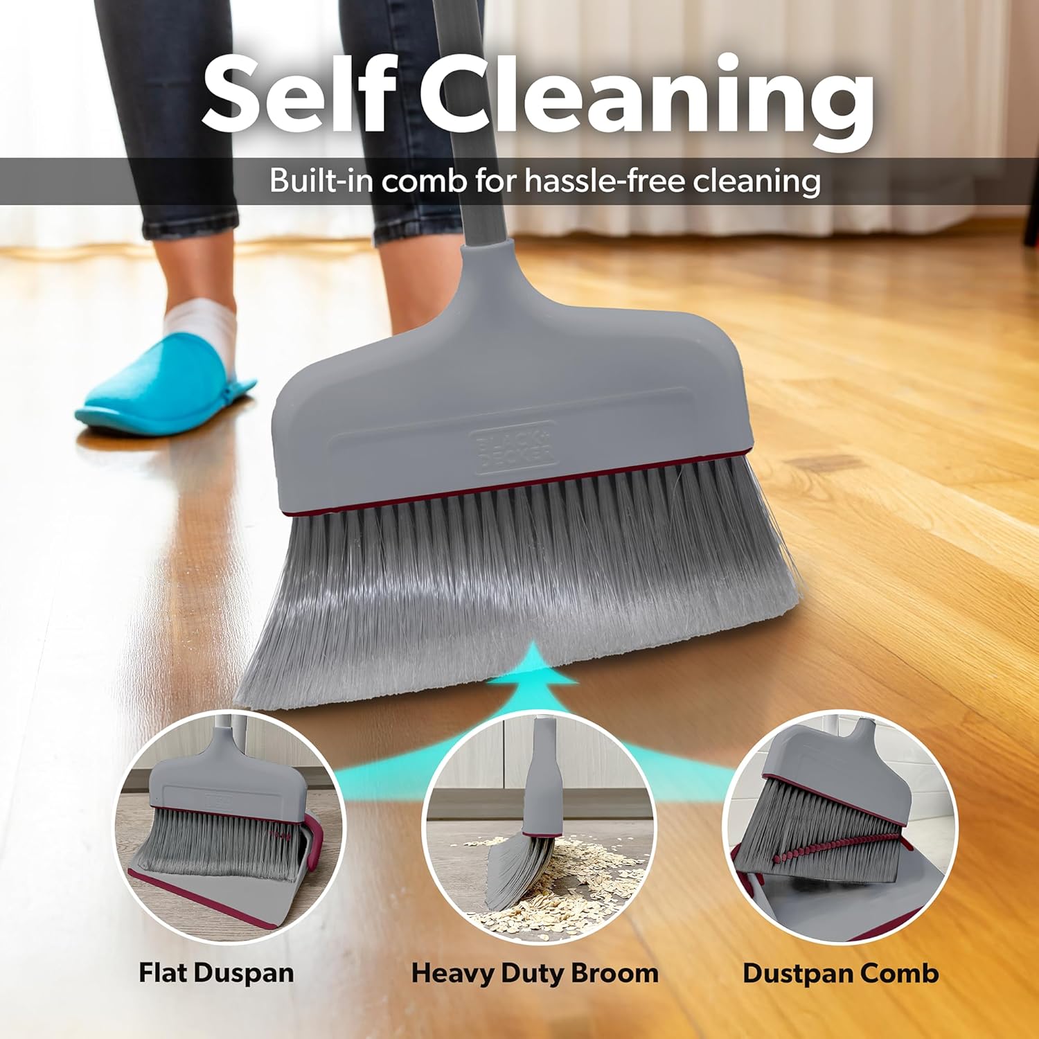 BLACK+DECKER Butler Broom & Dustpan Set - Stand-Up Design - Lightweight, Space-Saving Combo for