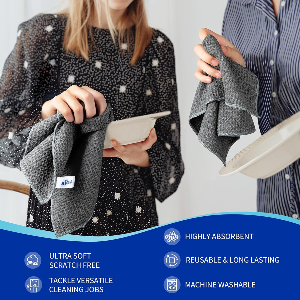 MR.SIGA Waffle Pattern Cleaning Cloths, Reusable Absorbent Microfiber Cleaning Cloths, Lint Free