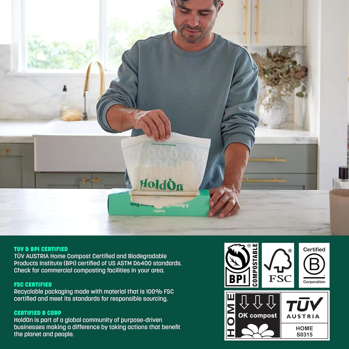 HoldOn Zipseal Gallon Bags - Compostable, PFOA-Free, BPA-Free, Food-Safe Zip Seal Food Storage