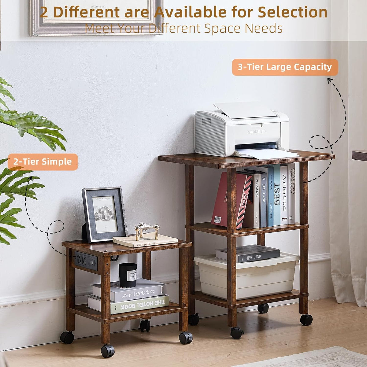 Lerliuo Under Desk Printer Stand with Charging Station, 2 Tier Wooden Small Printer Table with