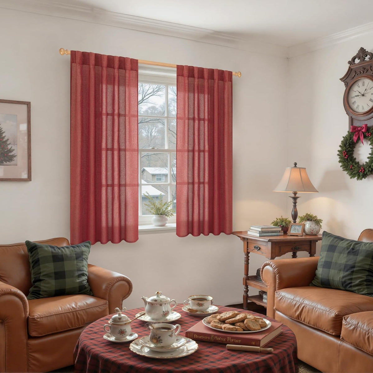 YoungsTex Red Linen Curtains 54 Inch Length for Kitchen, Light Filtering Semi Sheer Small Window