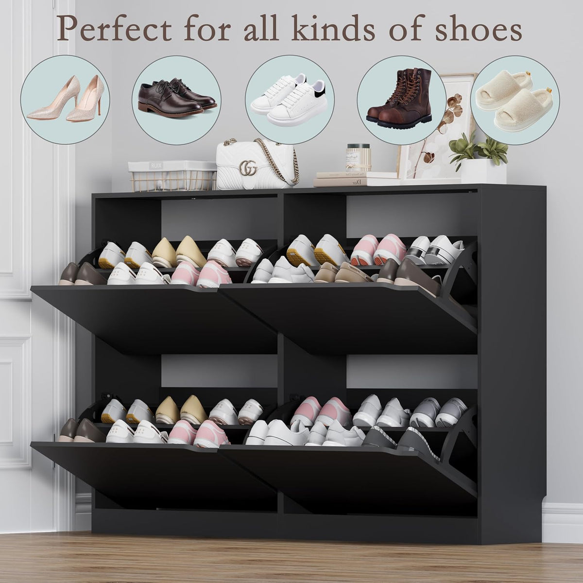 Shoe Cabinet with 4 Flip Drawers, Narrow Hidden Shoe Storage Cabinet, Slim Freestanding Shoe Rack