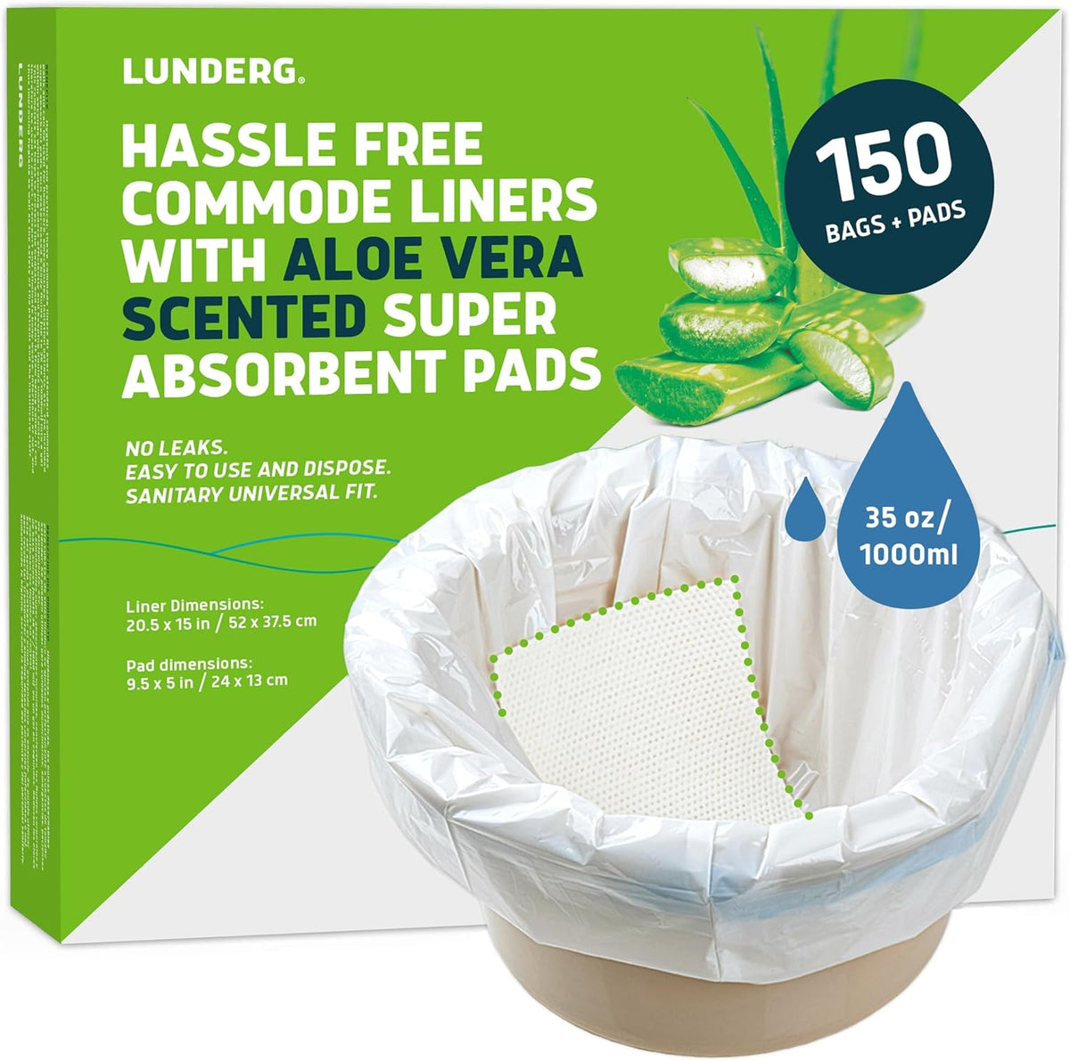 Lunderg Commode Liners with Absorbent Pads - Aloe Scent Medical Grade 150 Count Universal Fit