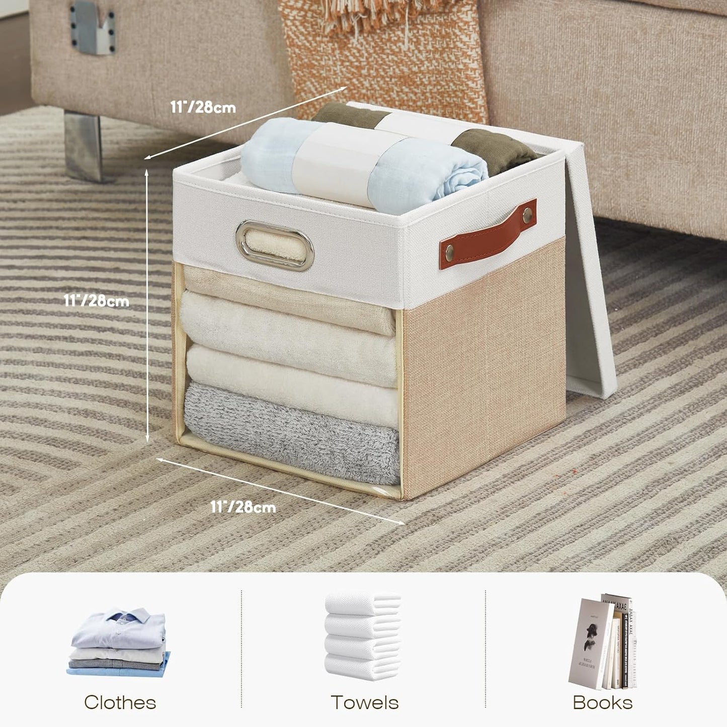 Fabric Storage Cubes with Clear Windows and Lids 11'' Foldable Storage Bins with 3 Handles