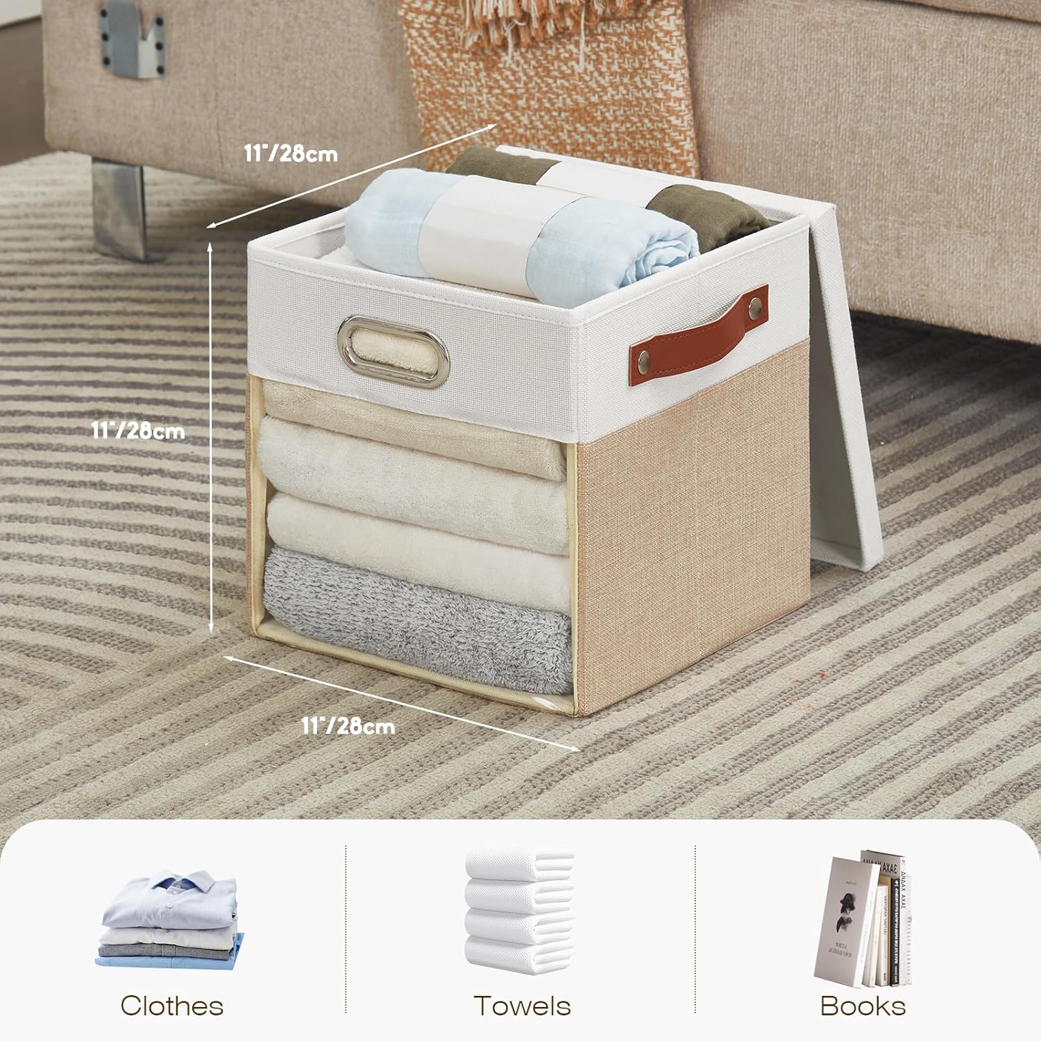 Fabric Storage Cubes with Clear Windows and Lids 11'' Foldable Storage Bins with 3 Handles