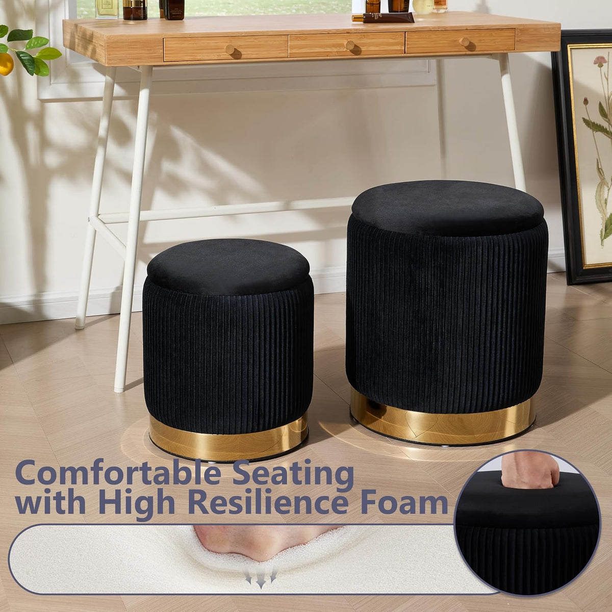 Royal Windsor Round Ottoman with Storage Set of 2, Vanity Stool with Storage for Bedroom, Ottoman