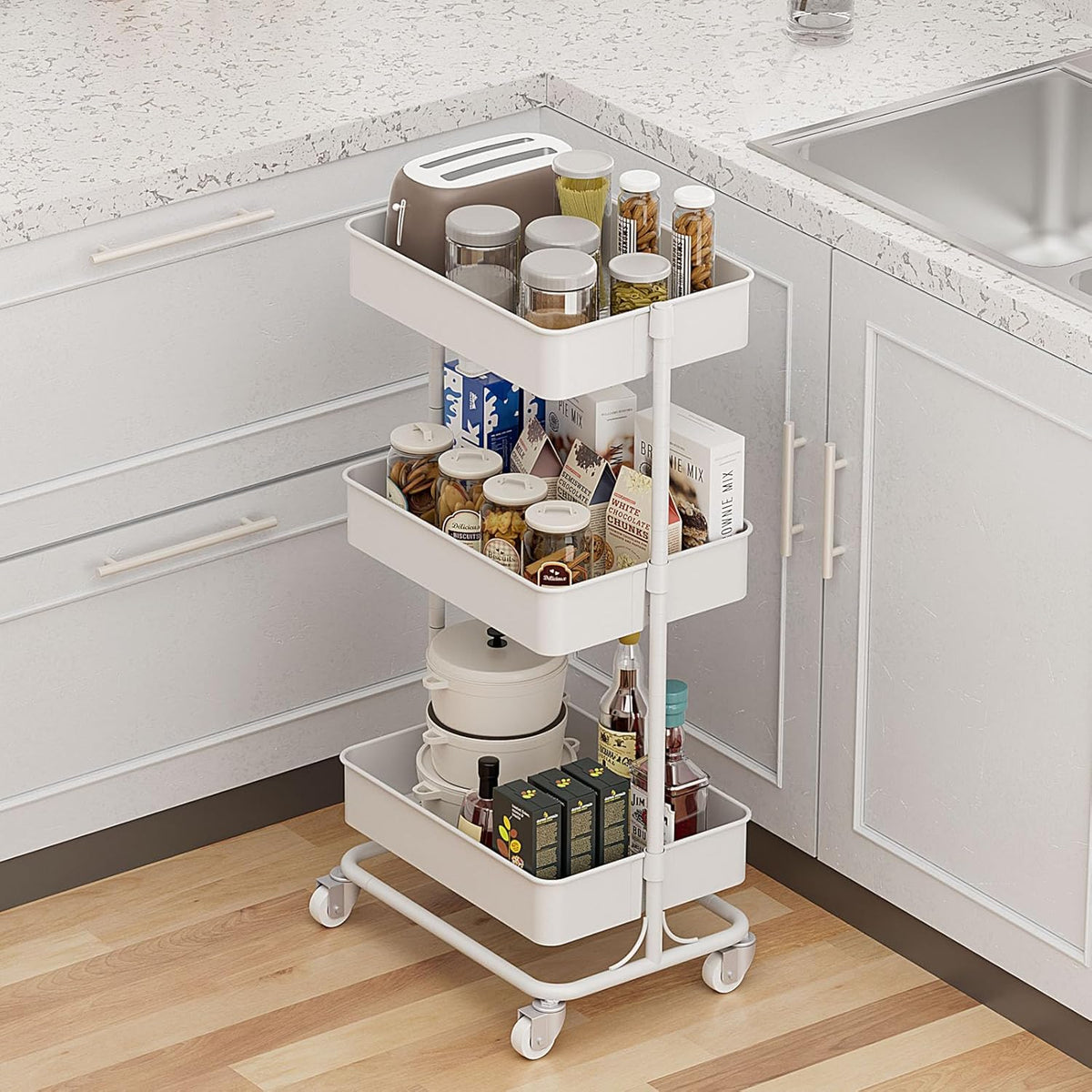 3 Tier Modern Metal Rolling Tool Cart with Silent Casters, 17.72×12.40×35.04 inch Heavy Duty