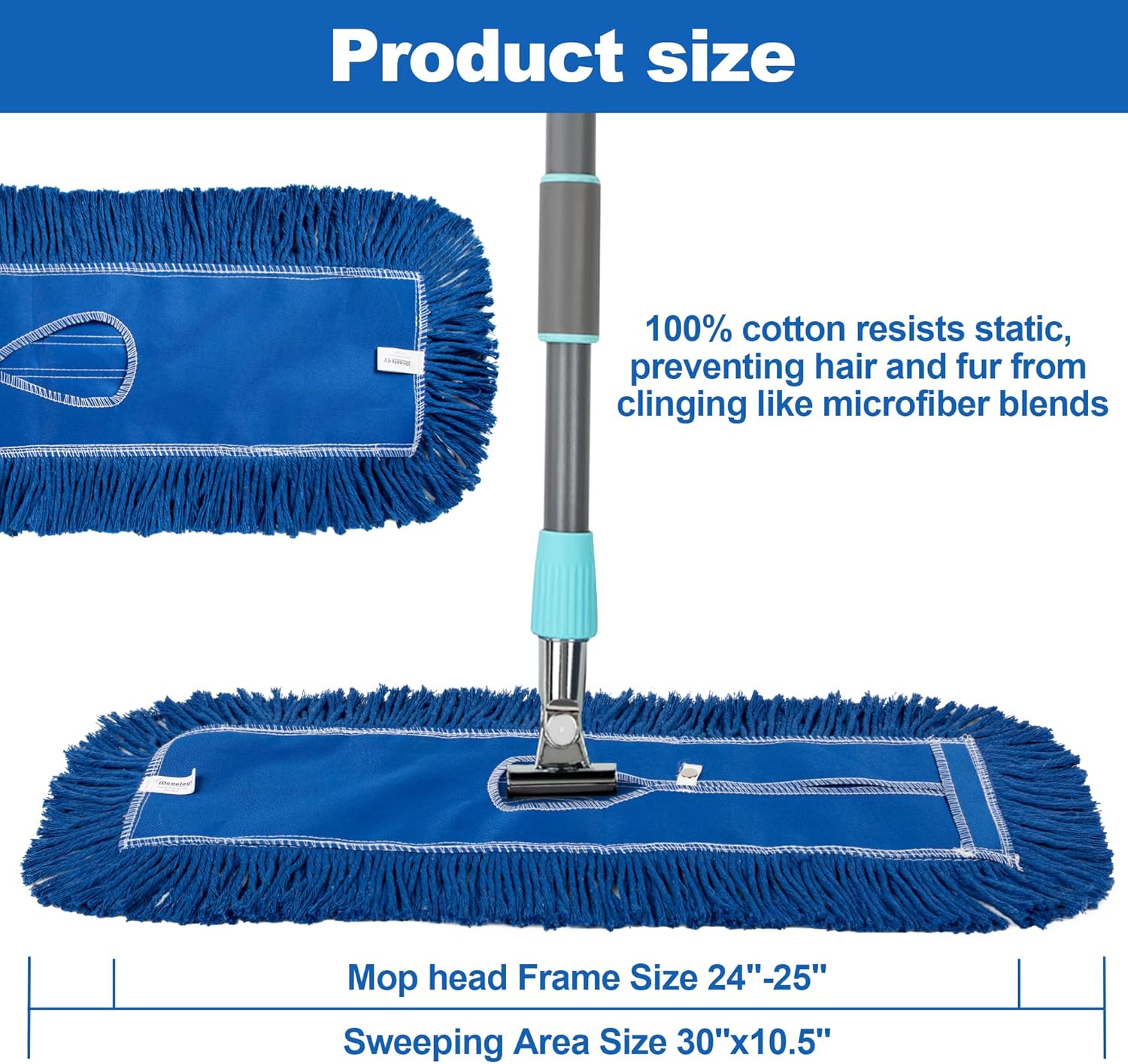 4 Pack - 24-Inch Washable Dust Mop Heads – Full Cloth, Extra Durable, Easy Button - No Clinging to