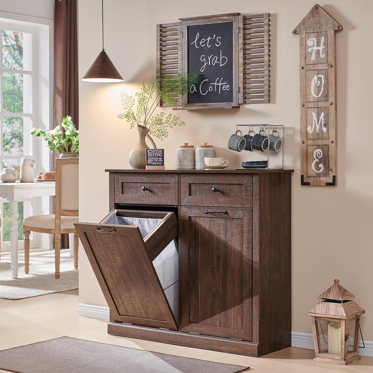 Double Tilt Out Laundry Hamper Cabinet, 20 Gallon Farmhouse Trash Can Cabinet with Drawer, Hidden