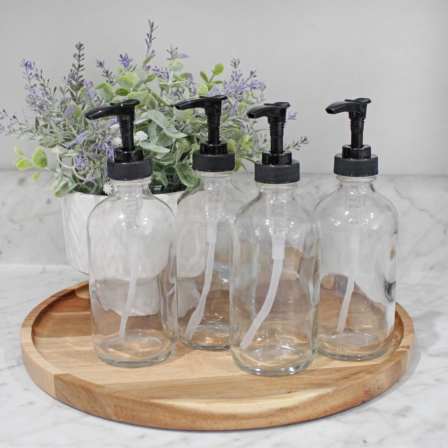Cornucopia Brands 8oz Clear Glass Pump Bottles (4-Pack w/Black Plastic Pumps), Great as Essential