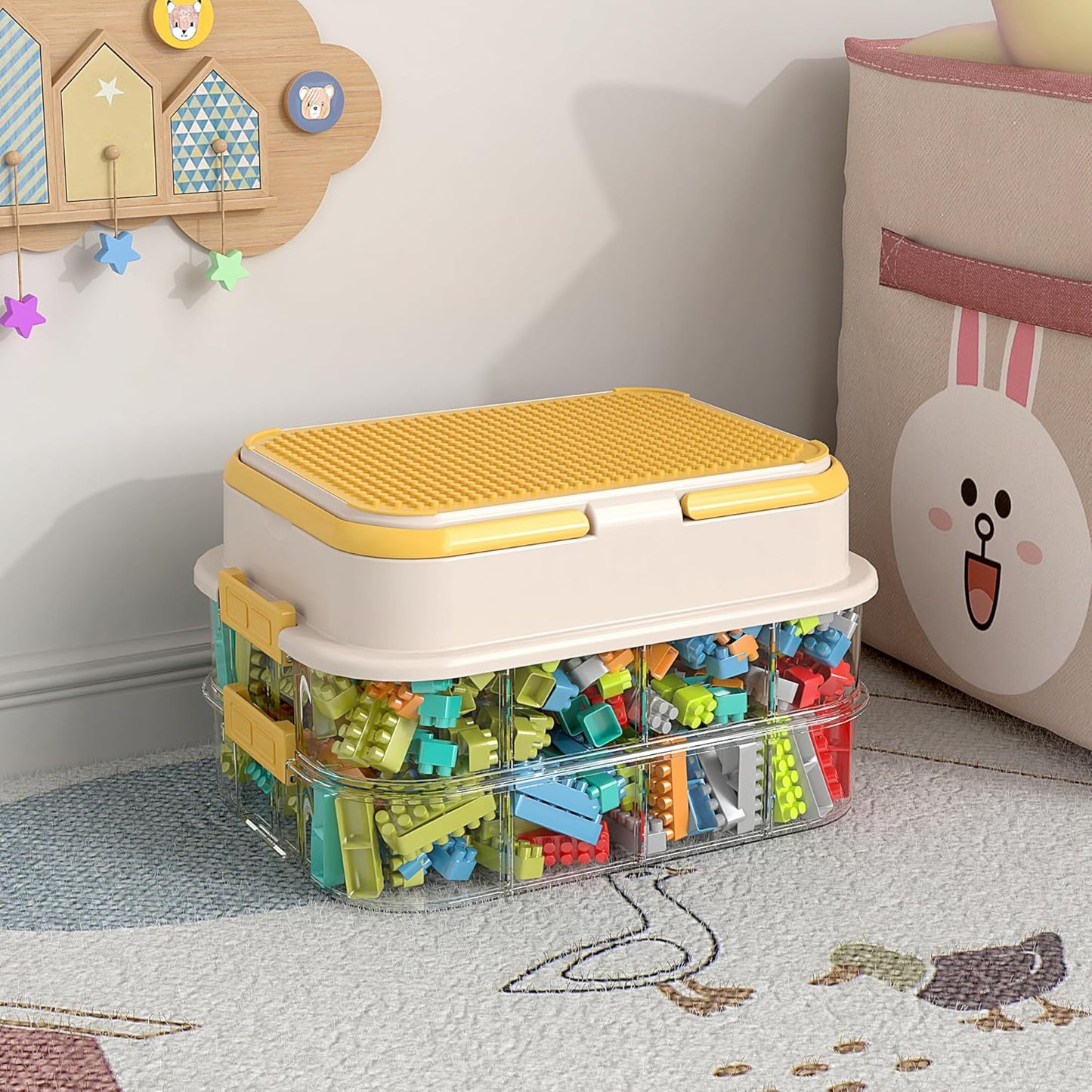 Toy Storage Organizer Box with Handle, Stackable Building Block Toy Box with Building Plate Lid &