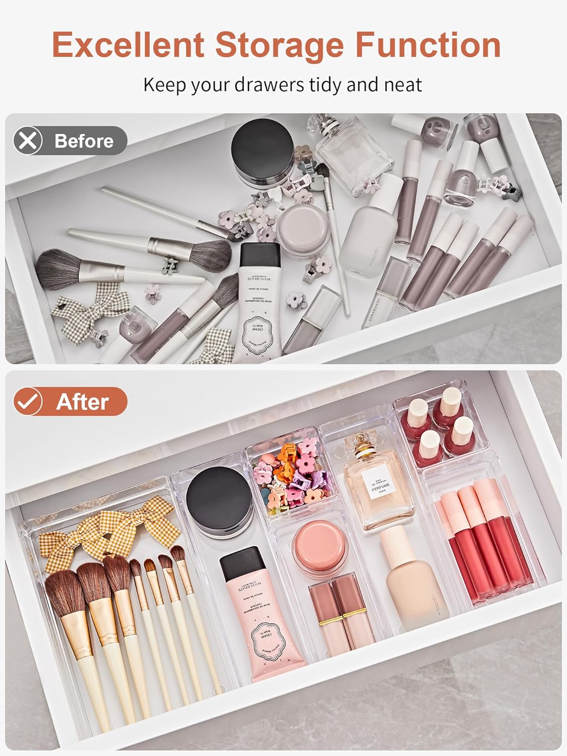 SMARTAKE 37-Piece Drawer Organizer with Non-Slip Silicone Pads, 4-Size Desk Drawer Organizer Trays
