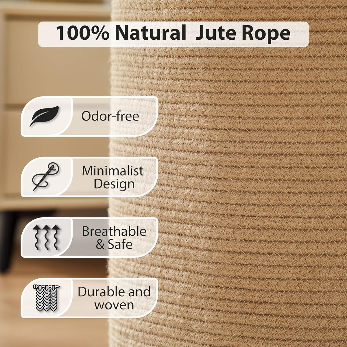 Jute Woven Rope Laundry Hamper, Tall Laundry Basket for Blanket Storage, Large Dirty Clothes Hamper