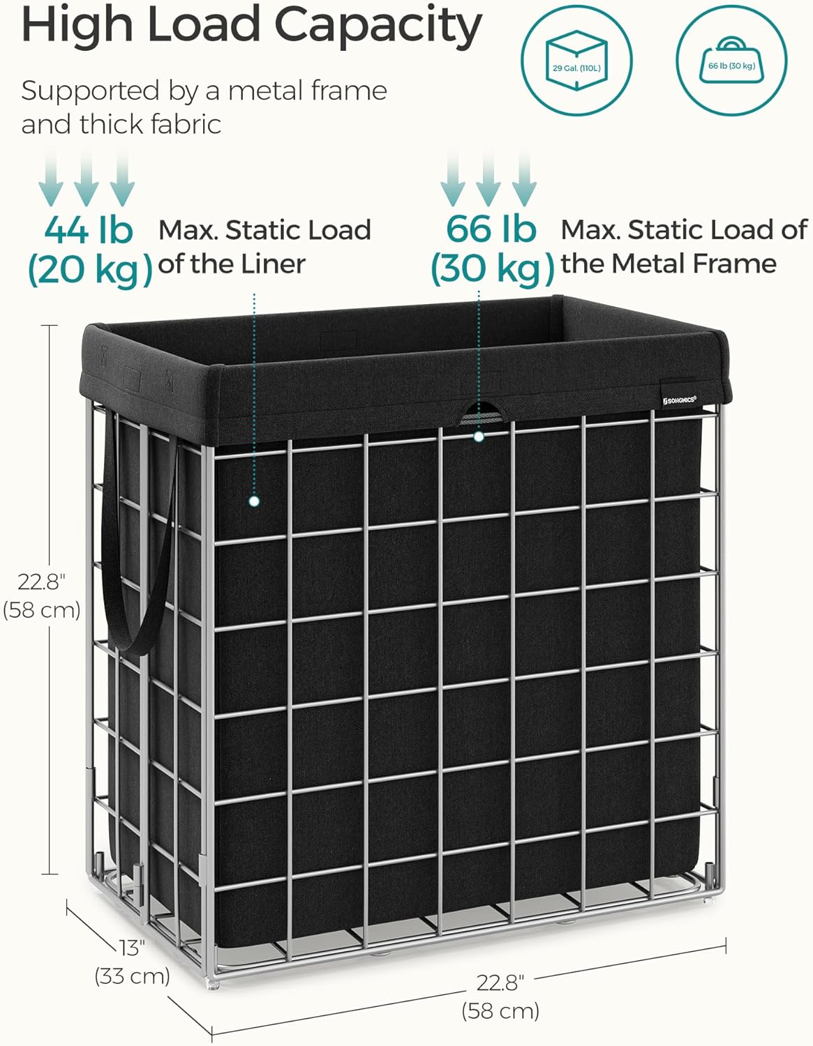 SONGMICS 29 Gal. (110L) Laundry Basket, Laundry Hamper, Collapsible Clothes Hamper, Removable and