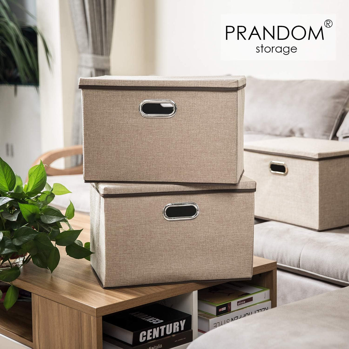 PRANDOM Large Collapsible Storage Bins with Lids [1-Pack] Jute Fabric Foldable Storage Boxes
