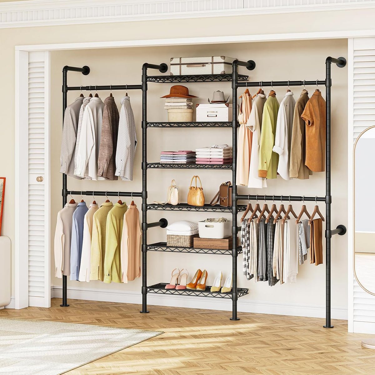 ONBRILL H3 Wall Mounted Closet System, Expandable Industrial Pipe Clothes Rack Clothing Rack for