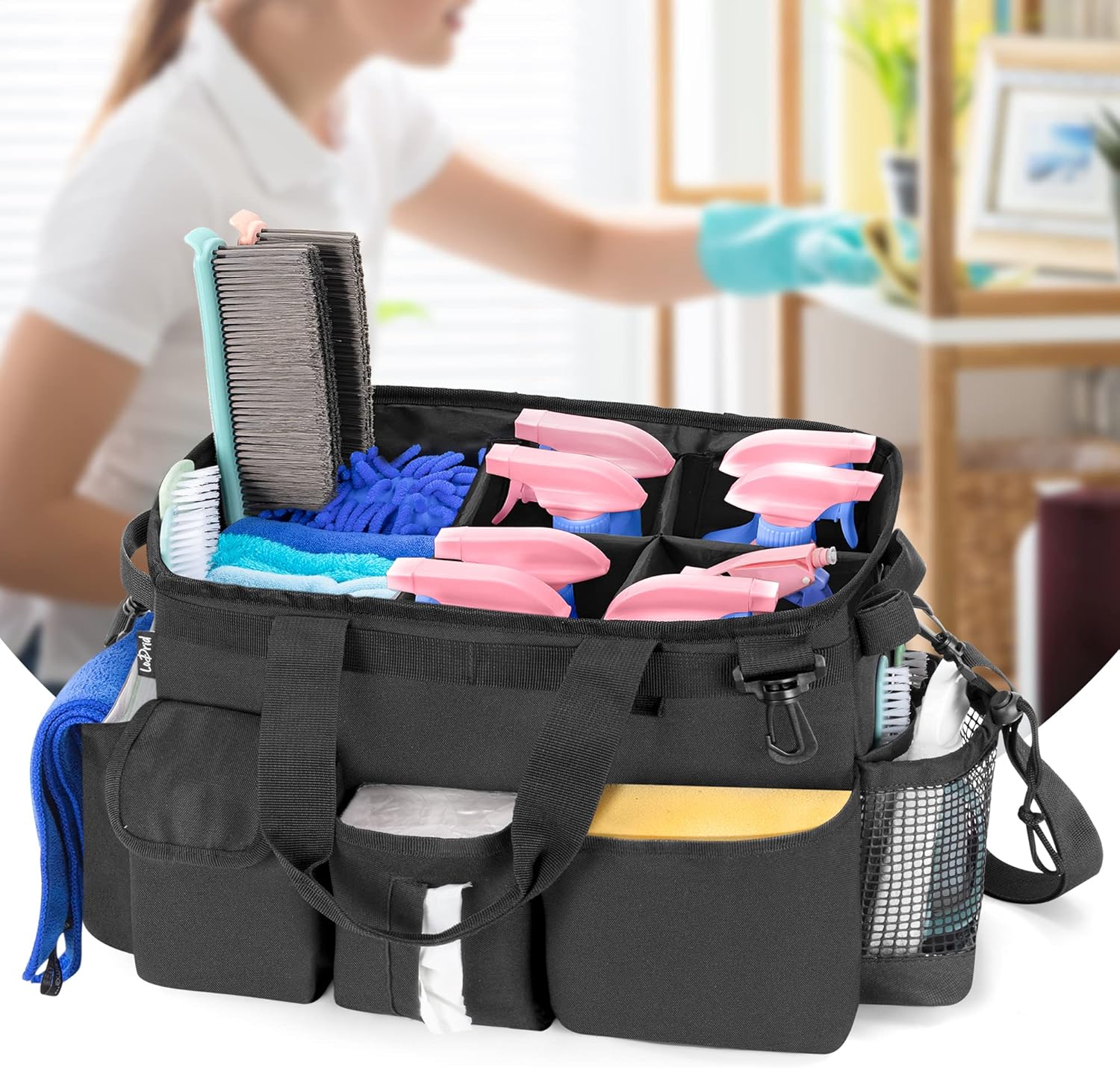 LoDrid Large Wearable Cleaning Caddy Bag with Detachable Divider, Cleaning Supply Tote with