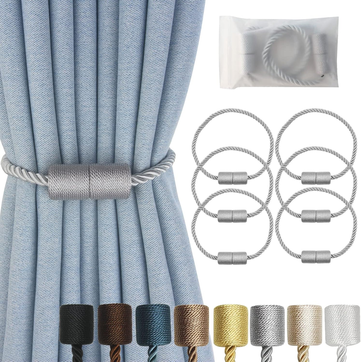 Magnetic Curtain Tiebacks 6 Pack Grey Curtain Rope Tieback Curtain Holders for Drapes Modern Tie