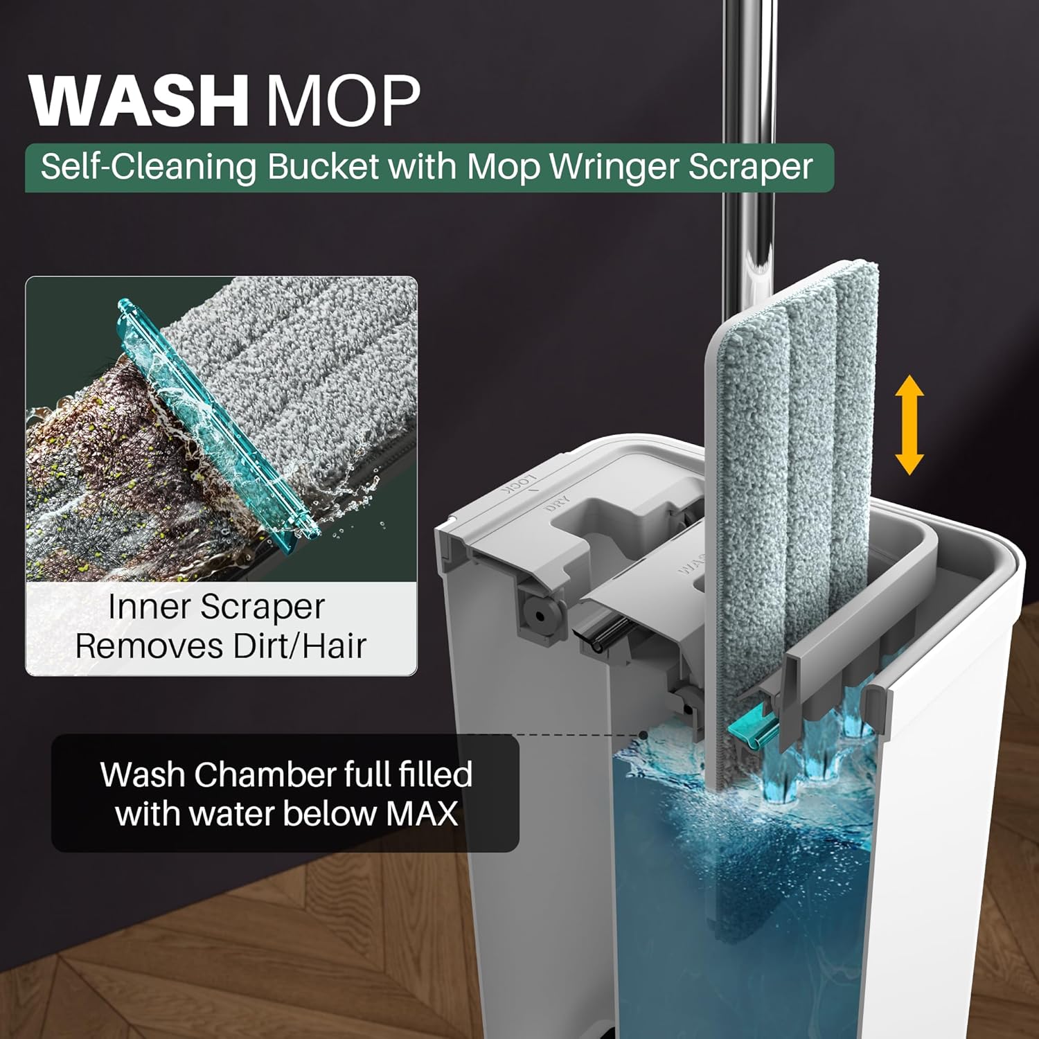 JOYMOOP Mop and Bucket Set with Wringer, Flat Mops for Floor Cleaning, Wall Mop Cleaner with Long