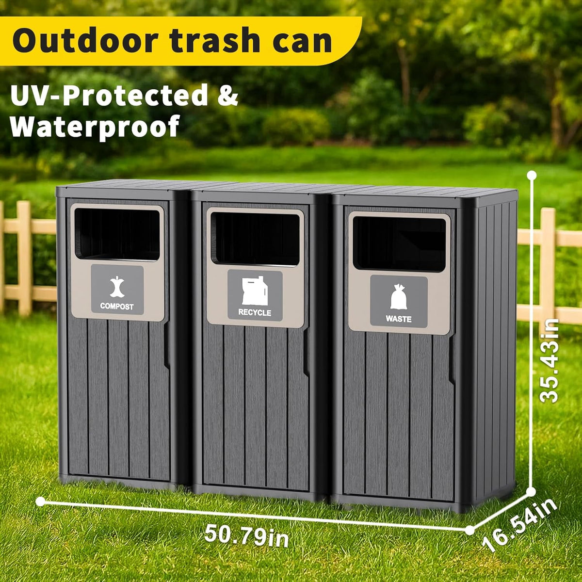 Outdoor Three Barrel Trash Can,Waterproof Resin Garbage Can with Garbage Labels,Durable Waste Bin