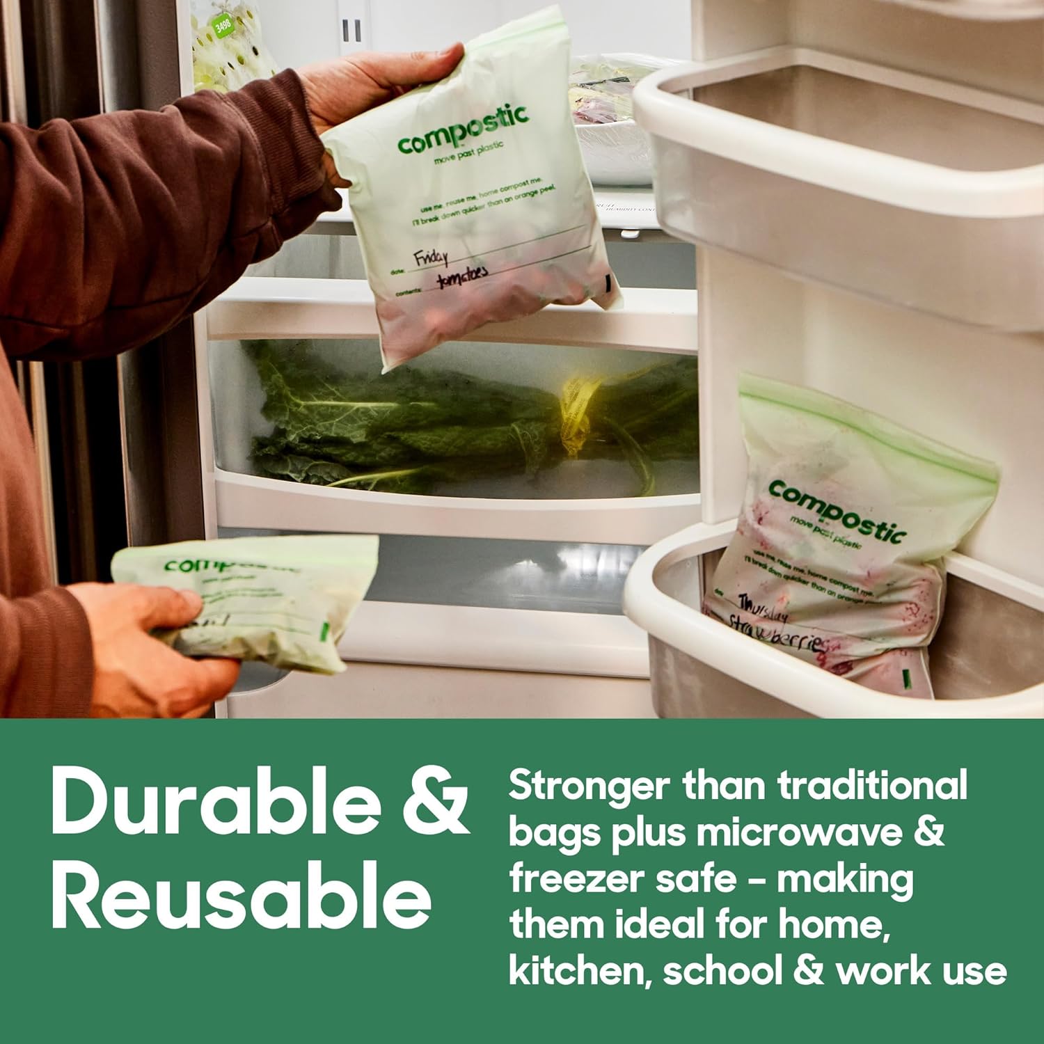 Compostic Home Compostable Resealable Sandwich Bags (7"x7"), Microwave & Freezer Safe, Organic Food