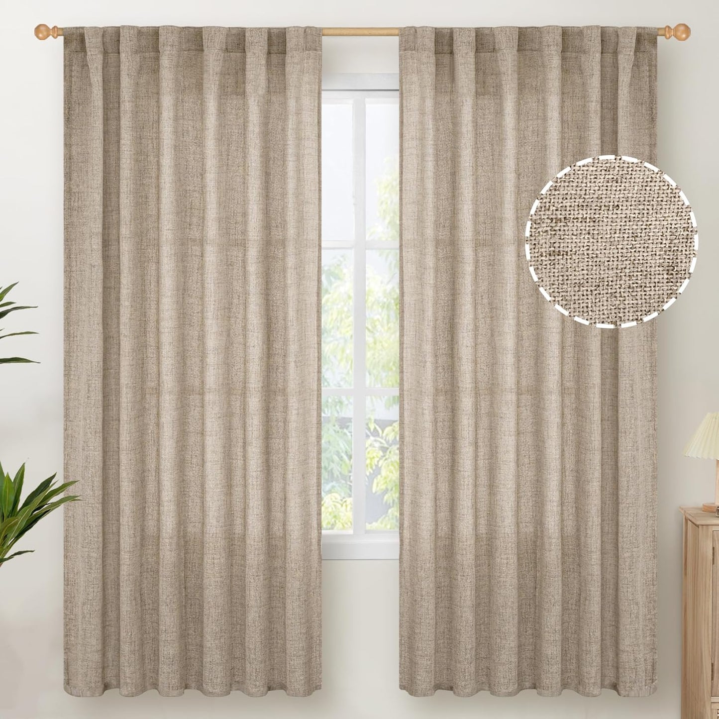 YoungsTex Dark Oatmeal Linen Semi Sheer Curtains 2 Panels for Living Room - Tan Window Drapes Light